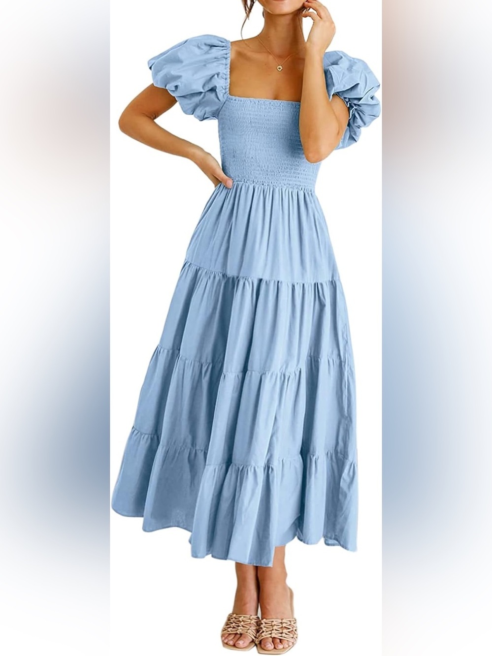PrettyGarden Square Neck Blue Maxi Dress Medium Puff Sleeve Cottagecore Prairie